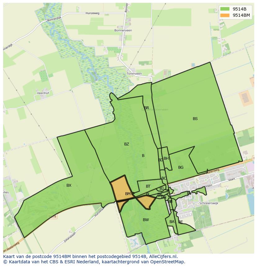 Afbeelding van het postcodegebied 9514 BM op de kaart.