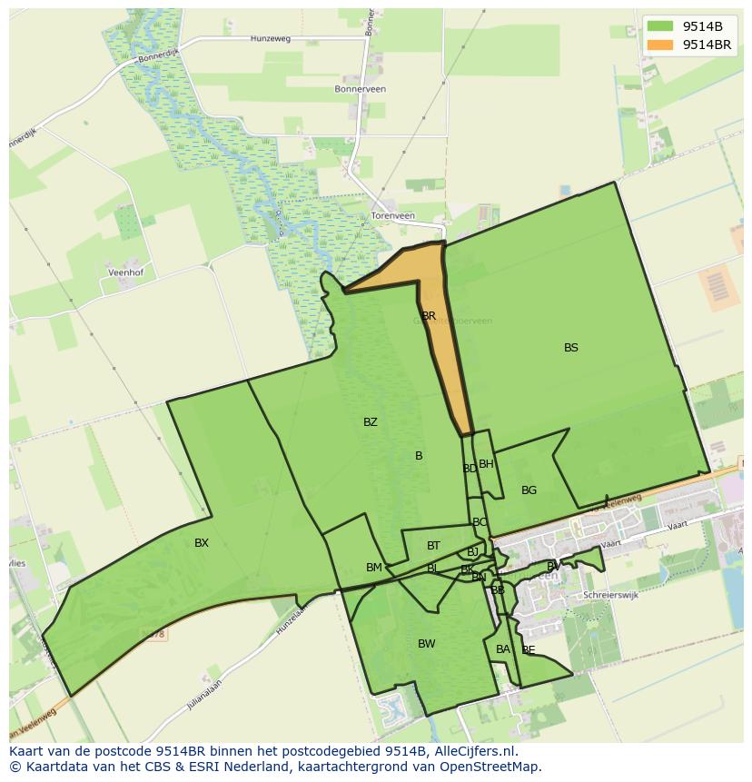 Afbeelding van het postcodegebied 9514 BR op de kaart.