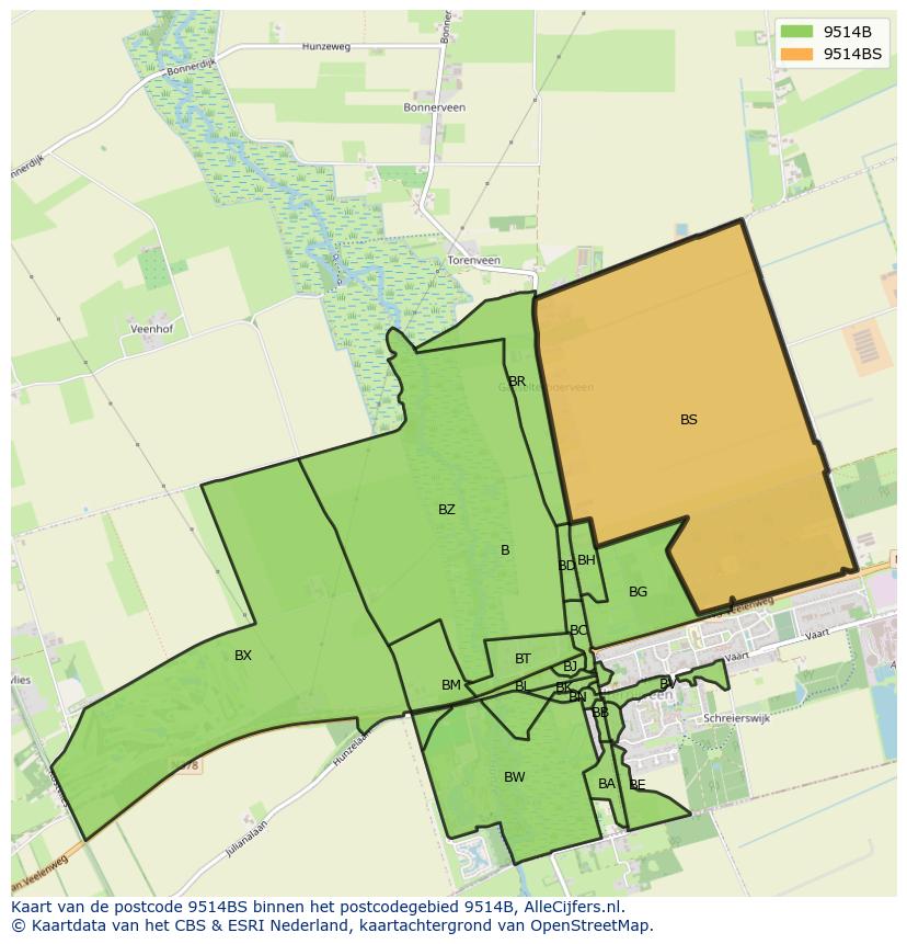 Afbeelding van het postcodegebied 9514 BS op de kaart.