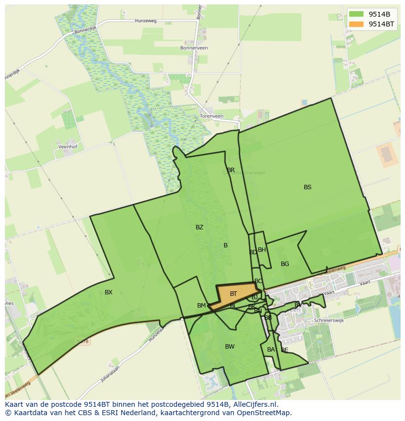 Afbeelding van het postcodegebied 9514 BT op de kaart.
