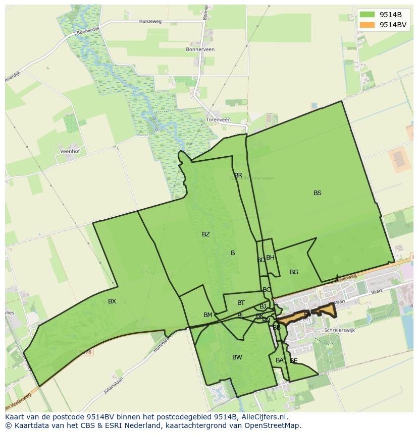 Afbeelding van het postcodegebied 9514 BV op de kaart.
