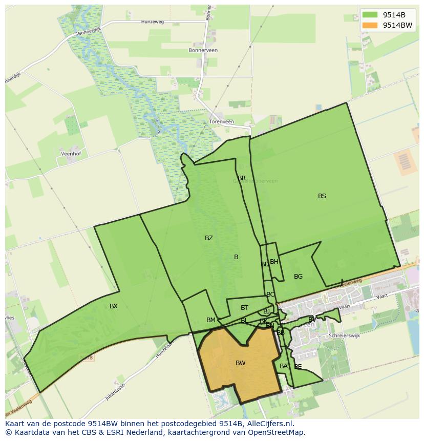 Afbeelding van het postcodegebied 9514 BW op de kaart.