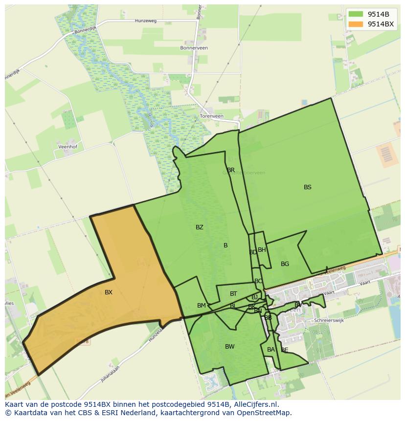 Afbeelding van het postcodegebied 9514 BX op de kaart.