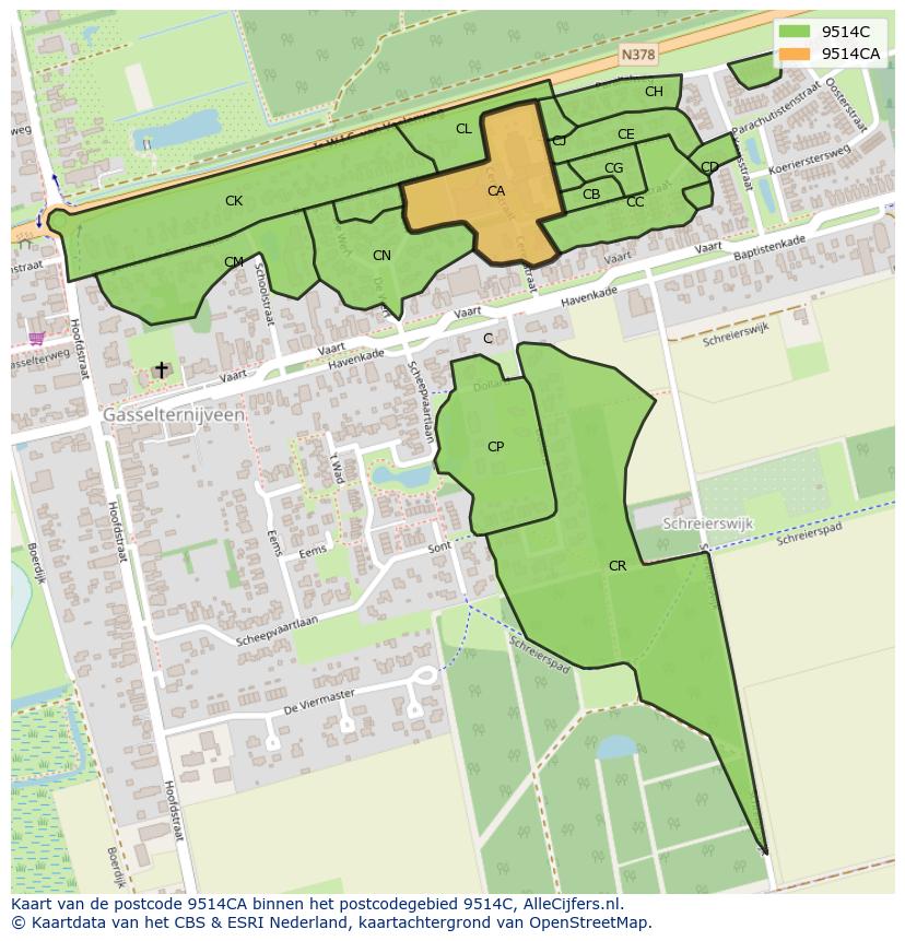 Afbeelding van het postcodegebied 9514 CA op de kaart.