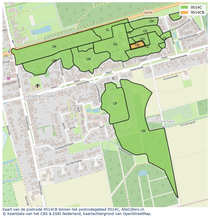 Afbeelding van het postcodegebied 9514 CB op de kaart.