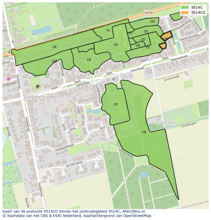 Afbeelding van het postcodegebied 9514 CD op de kaart.