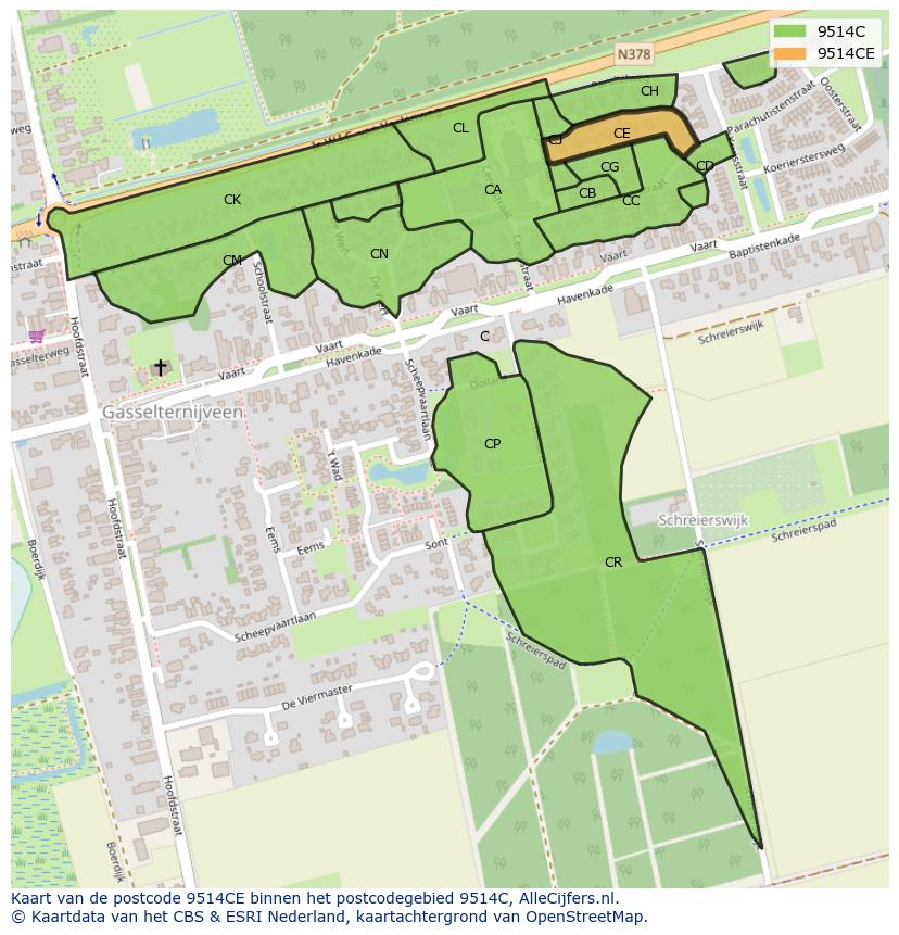 Afbeelding van het postcodegebied 9514 CE op de kaart.