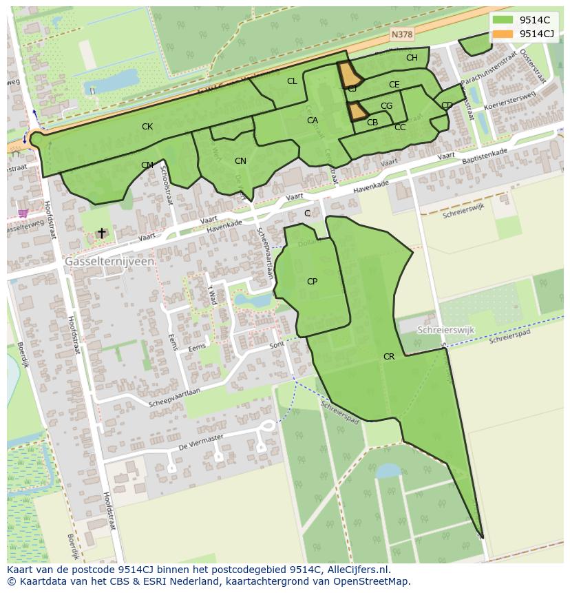 Afbeelding van het postcodegebied 9514 CJ op de kaart.