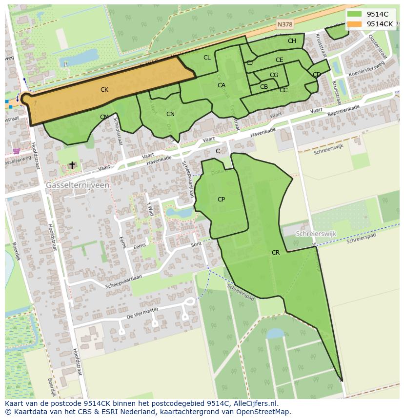 Afbeelding van het postcodegebied 9514 CK op de kaart.