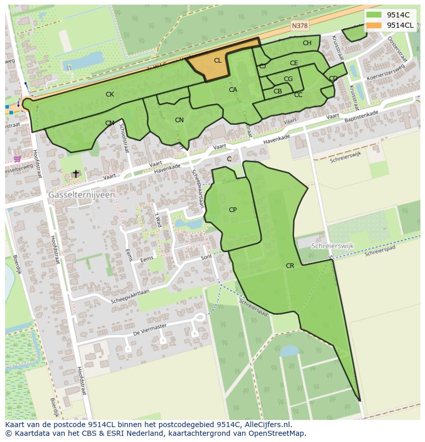 Afbeelding van het postcodegebied 9514 CL op de kaart.