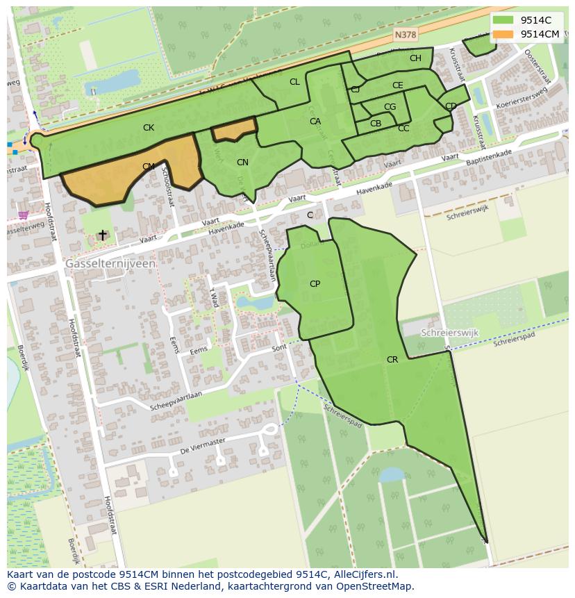 Afbeelding van het postcodegebied 9514 CM op de kaart.