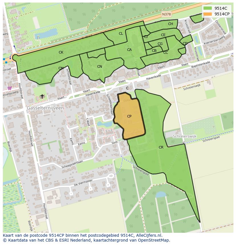 Afbeelding van het postcodegebied 9514 CP op de kaart.