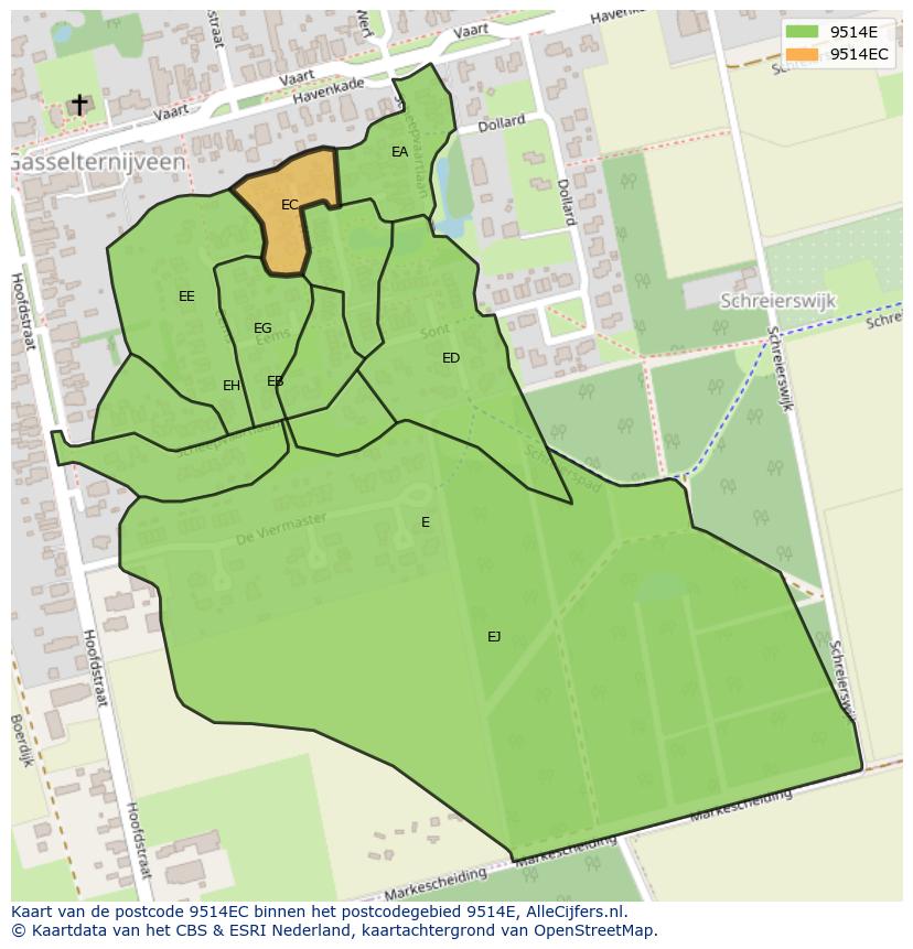 Afbeelding van het postcodegebied 9514 EC op de kaart.