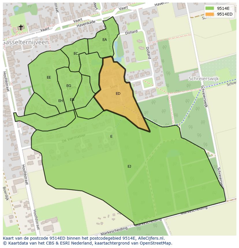Afbeelding van het postcodegebied 9514 ED op de kaart.