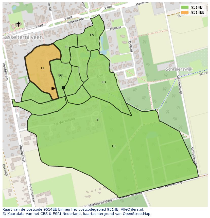Afbeelding van het postcodegebied 9514 EE op de kaart.