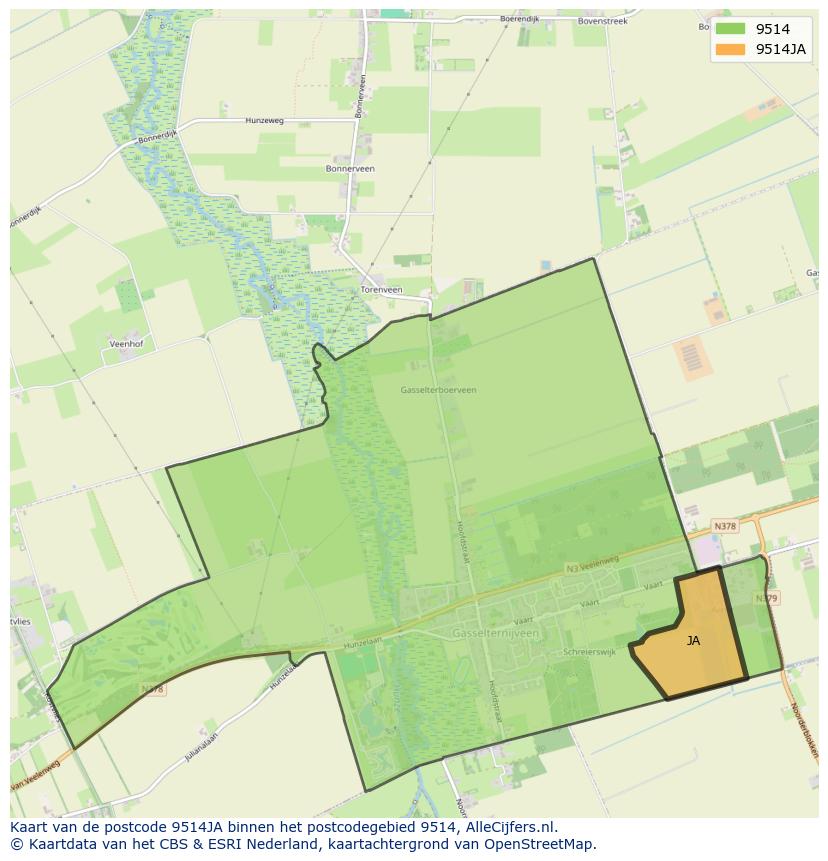 Afbeelding van het postcodegebied 9514 JA op de kaart.