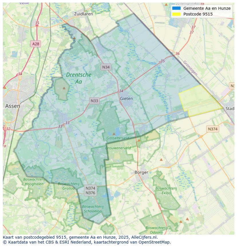 Afbeelding van het postcodegebied 9515 op de kaart.
