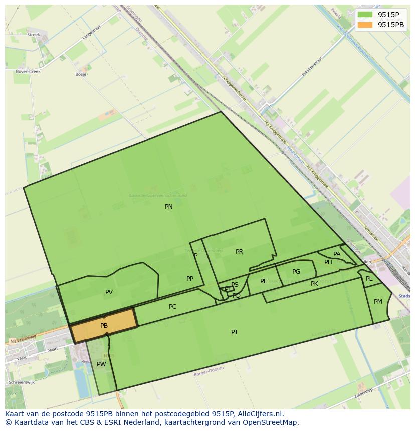 Afbeelding van het postcodegebied 9515 PB op de kaart.