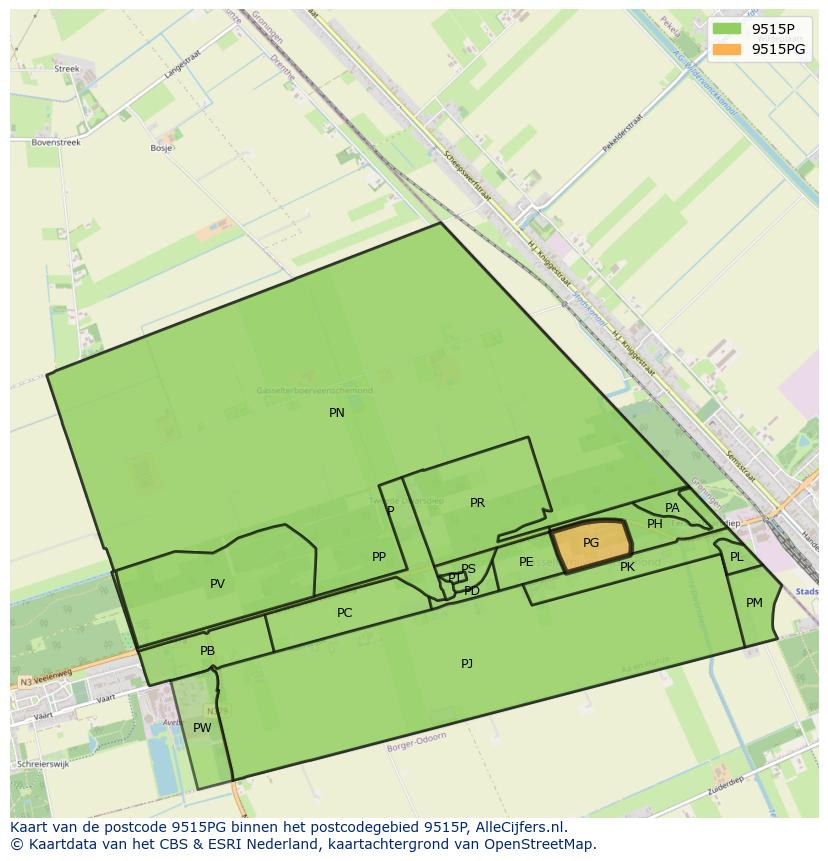 Afbeelding van het postcodegebied 9515 PG op de kaart.