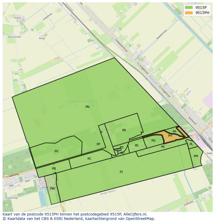 Afbeelding van het postcodegebied 9515 PH op de kaart.