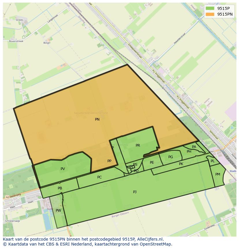 Afbeelding van het postcodegebied 9515 PN op de kaart.