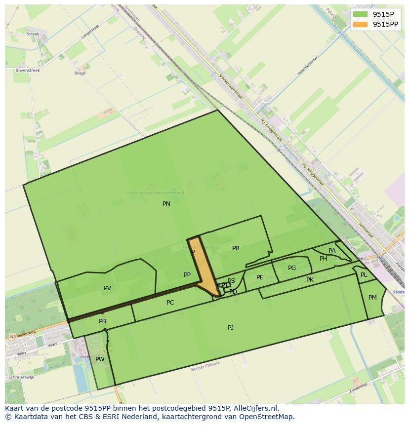 Afbeelding van het postcodegebied 9515 PP op de kaart.