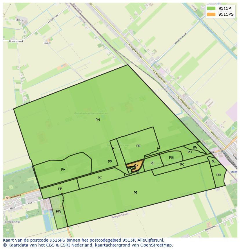 Afbeelding van het postcodegebied 9515 PS op de kaart.