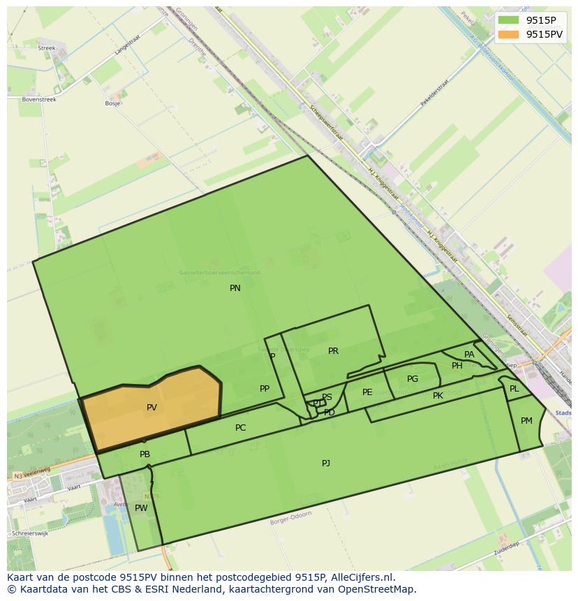 Afbeelding van het postcodegebied 9515 PV op de kaart.