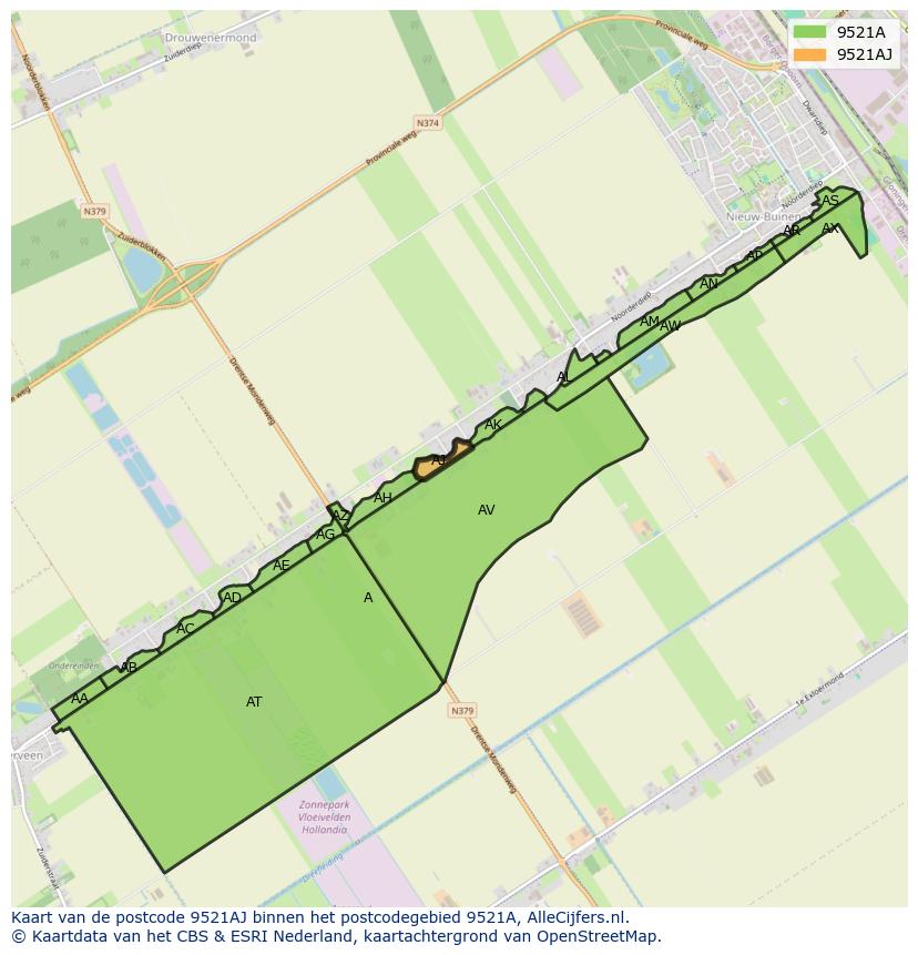 Afbeelding van het postcodegebied 9521 AJ op de kaart.