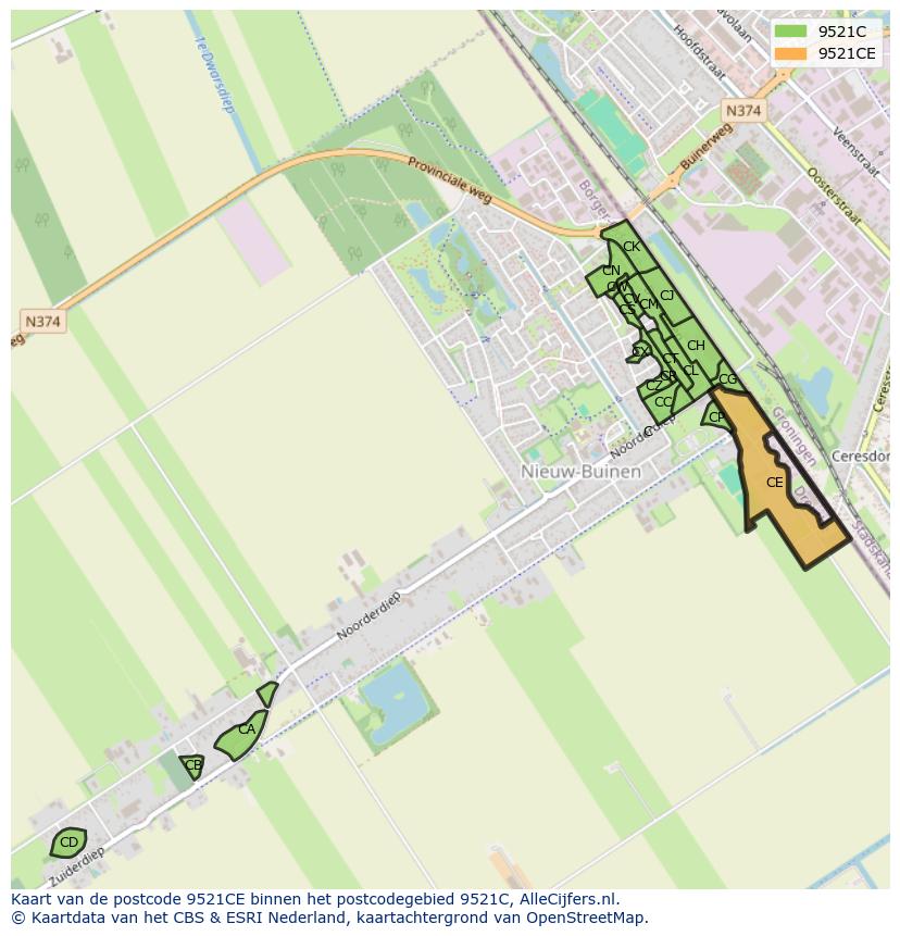 Afbeelding van het postcodegebied 9521 CE op de kaart.