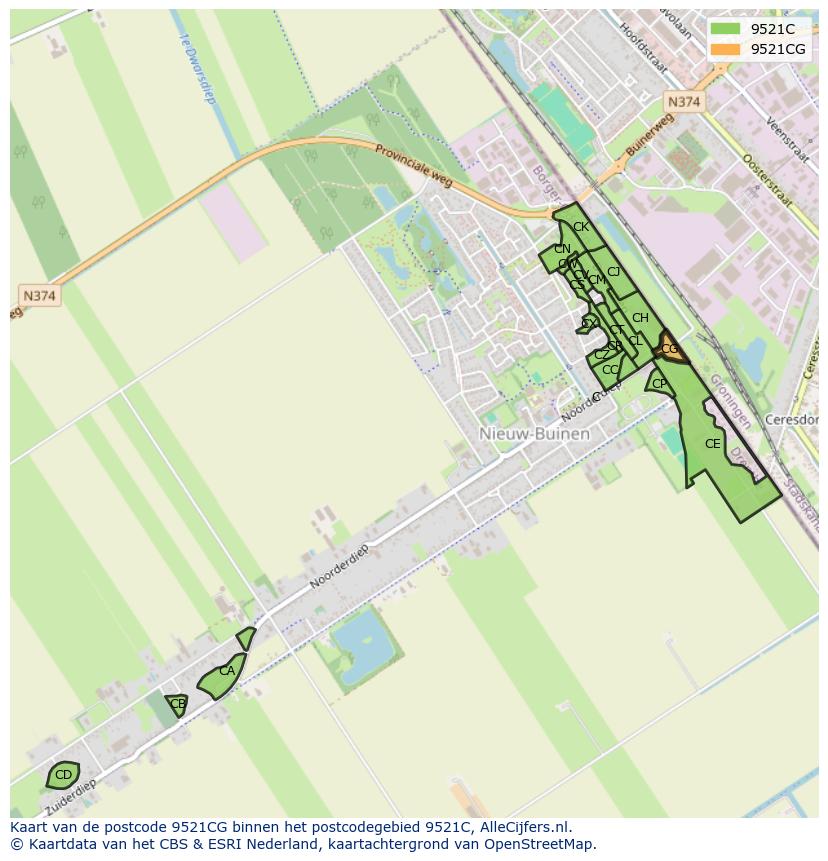 Afbeelding van het postcodegebied 9521 CG op de kaart.