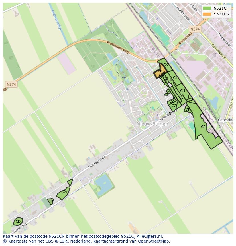 Afbeelding van het postcodegebied 9521 CN op de kaart.