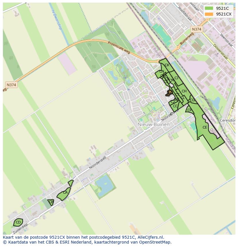 Afbeelding van het postcodegebied 9521 CX op de kaart.