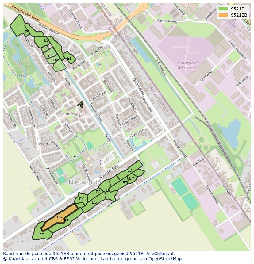 Afbeelding van het postcodegebied 9521 EB op de kaart.