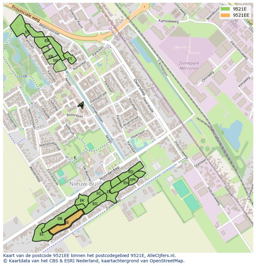 Afbeelding van het postcodegebied 9521 EE op de kaart.
