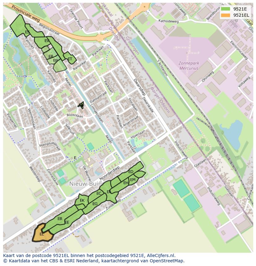 Afbeelding van het postcodegebied 9521 EL op de kaart.