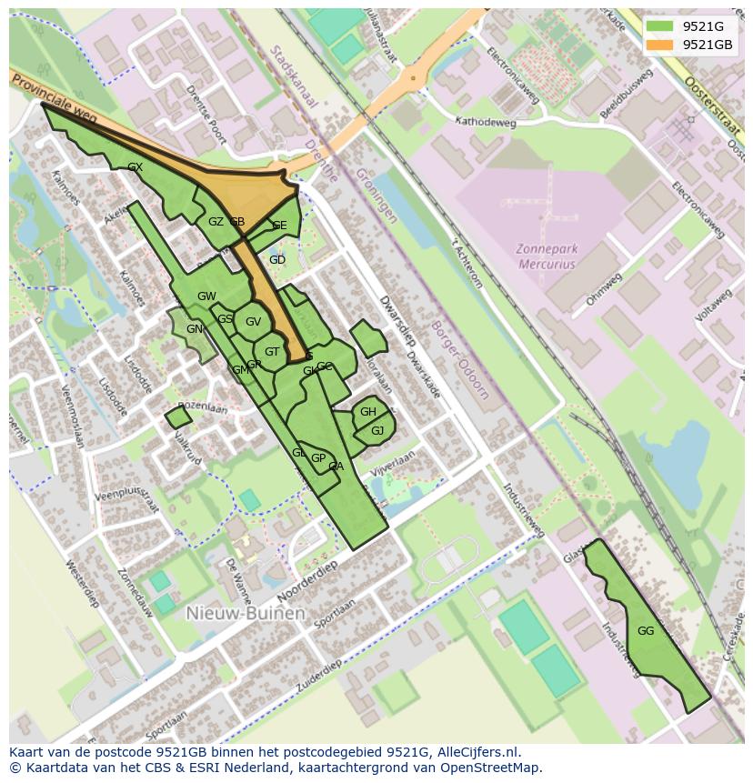 Afbeelding van het postcodegebied 9521 GB op de kaart.