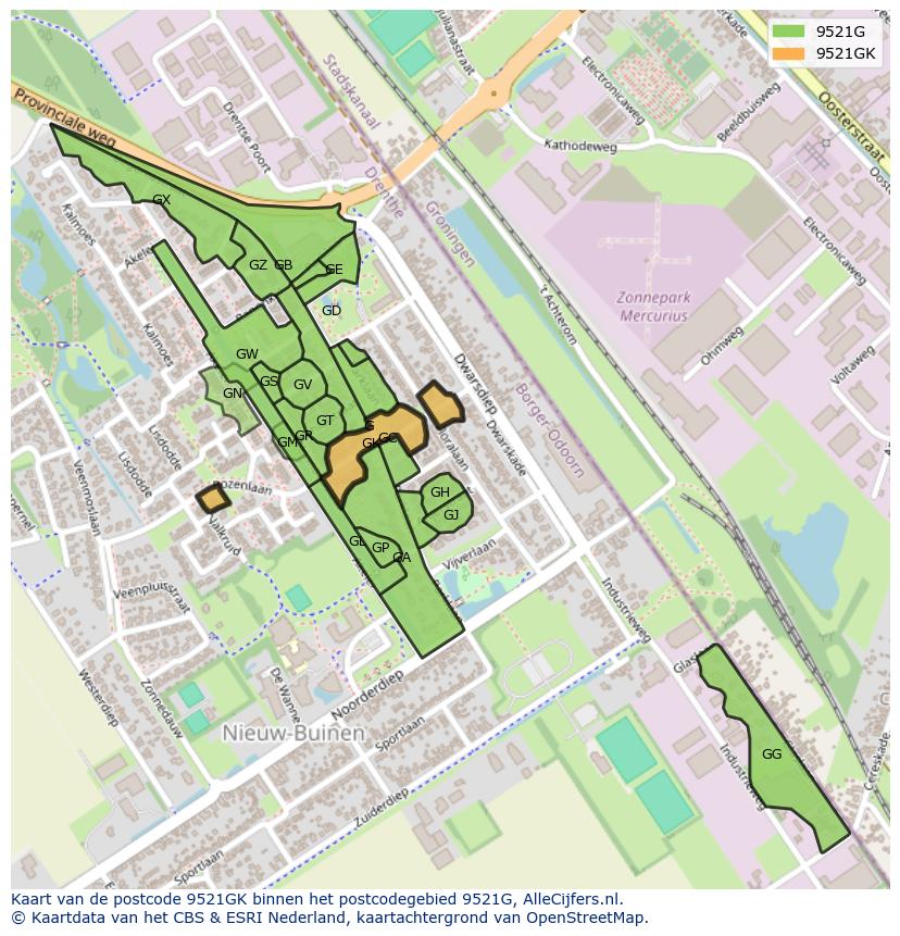 Afbeelding van het postcodegebied 9521 GK op de kaart.
