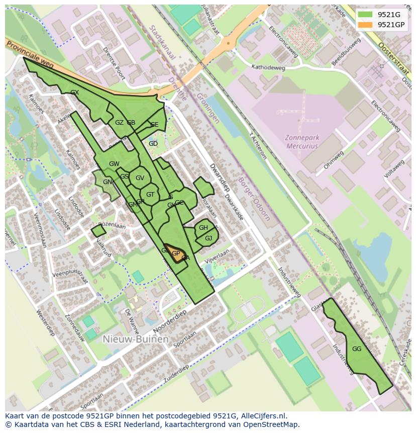 Afbeelding van het postcodegebied 9521 GP op de kaart.