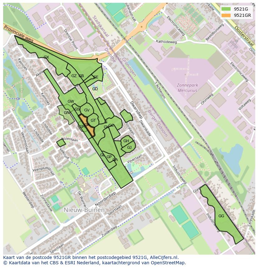Afbeelding van het postcodegebied 9521 GR op de kaart.