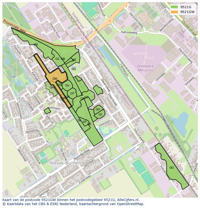 Afbeelding van het postcodegebied 9521 GW op de kaart.