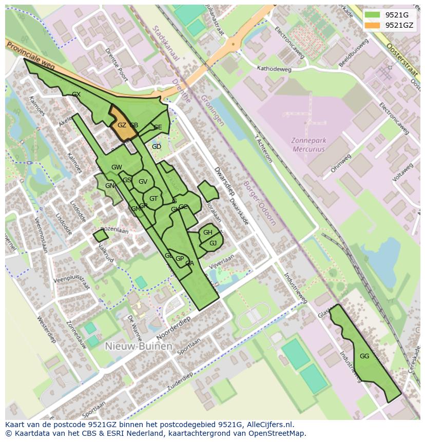 Afbeelding van het postcodegebied 9521 GZ op de kaart.