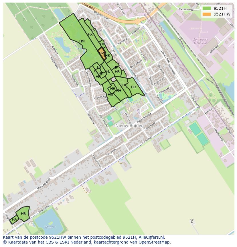 Afbeelding van het postcodegebied 9521 HW op de kaart.