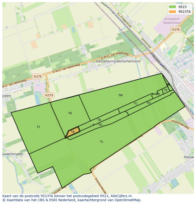 Afbeelding van het postcodegebied 9523 TA op de kaart.