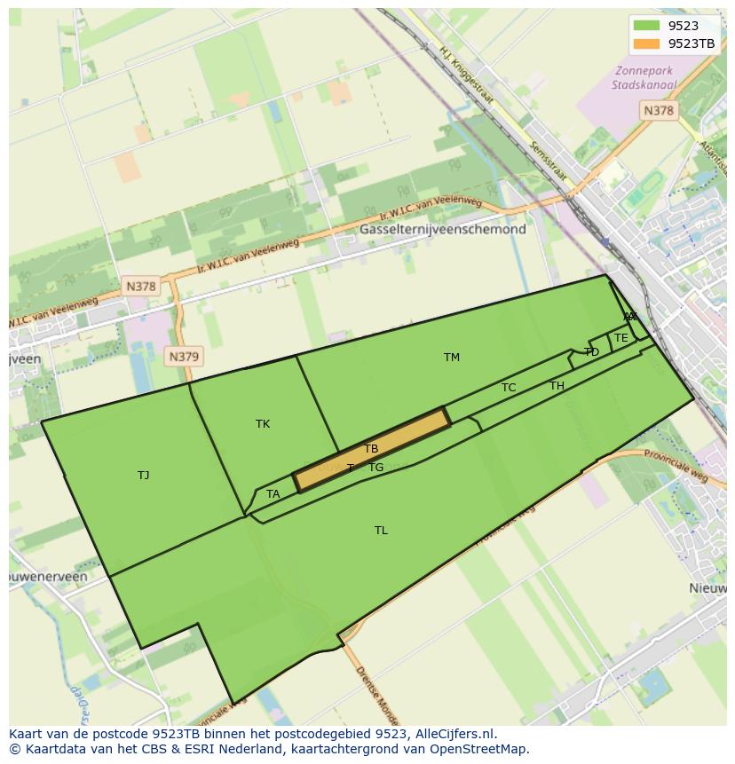 Afbeelding van het postcodegebied 9523 TB op de kaart.