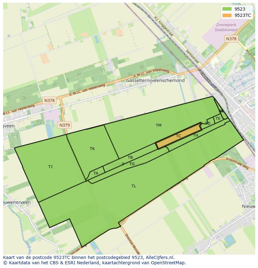 Afbeelding van het postcodegebied 9523 TC op de kaart.