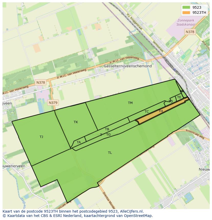 Afbeelding van het postcodegebied 9523 TH op de kaart.