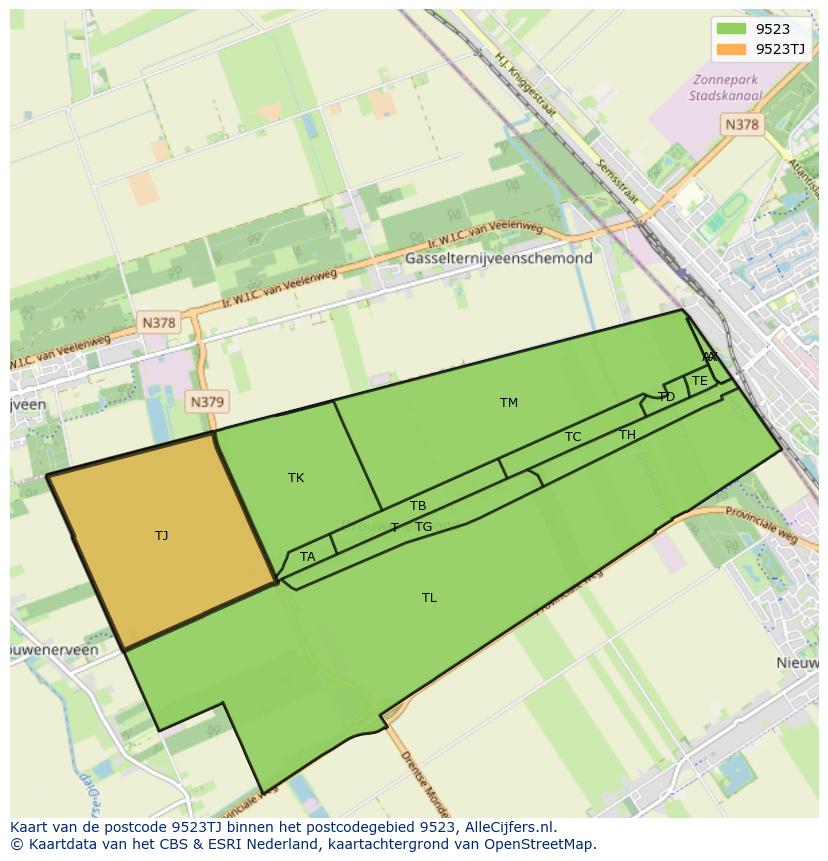 Afbeelding van het postcodegebied 9523 TJ op de kaart.