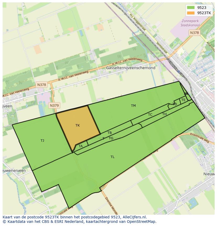 Afbeelding van het postcodegebied 9523 TK op de kaart.