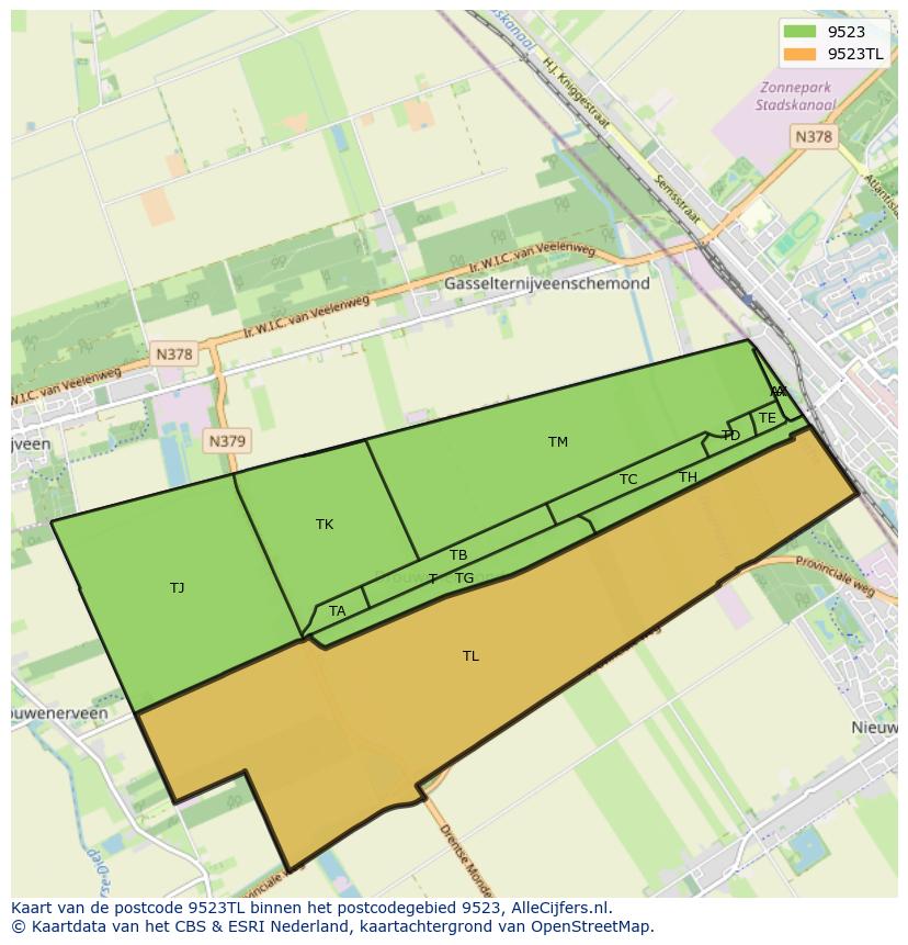 Afbeelding van het postcodegebied 9523 TL op de kaart.